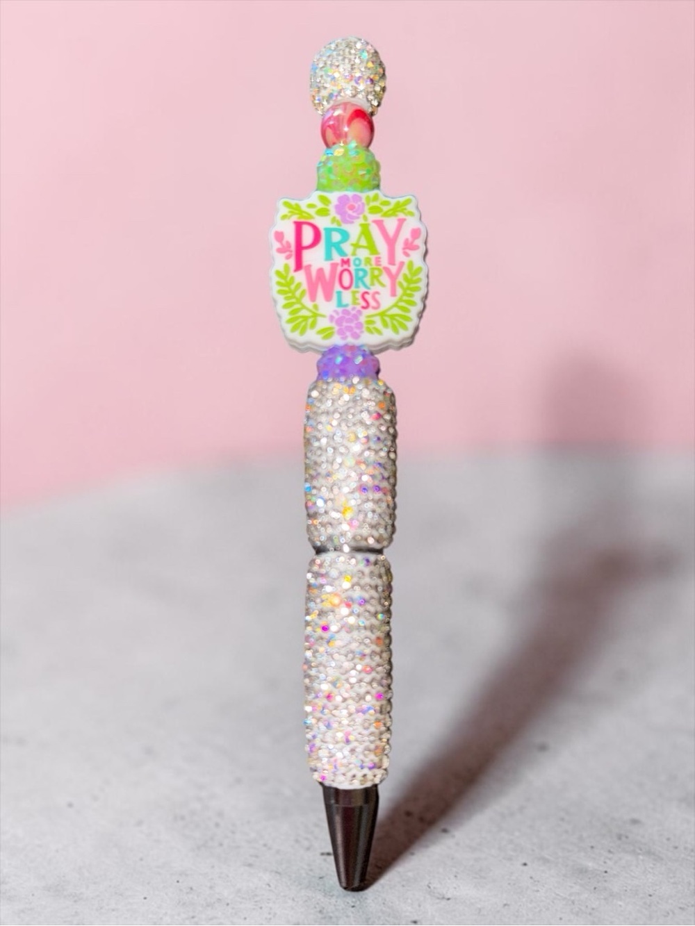 Beaded 'Pray More Worry Less' Decorative Pen - Pink, White, Green